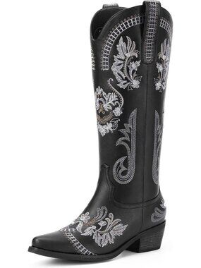 Women's Wide Calf Knee High Sparkly Rhinestone Western Country Boots Black
